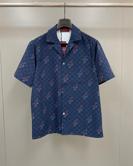Gucci GG Supreme Silk Camp‑Collar Shirt with Snake Print