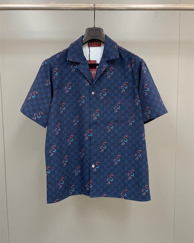 Gucci GG Supreme Silk Camp‑Collar Shirt with Snake Print