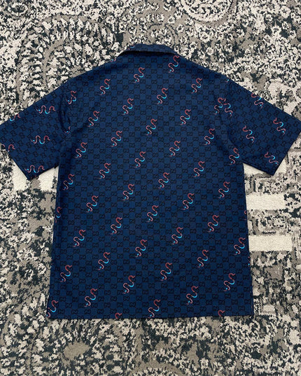 Gucci GG Supreme Silk Camp‑Collar Shirt with Snake Print