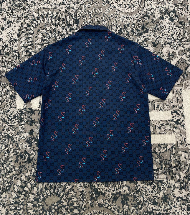 Gucci GG Supreme Silk Camp‑Collar Shirt with Snake Print