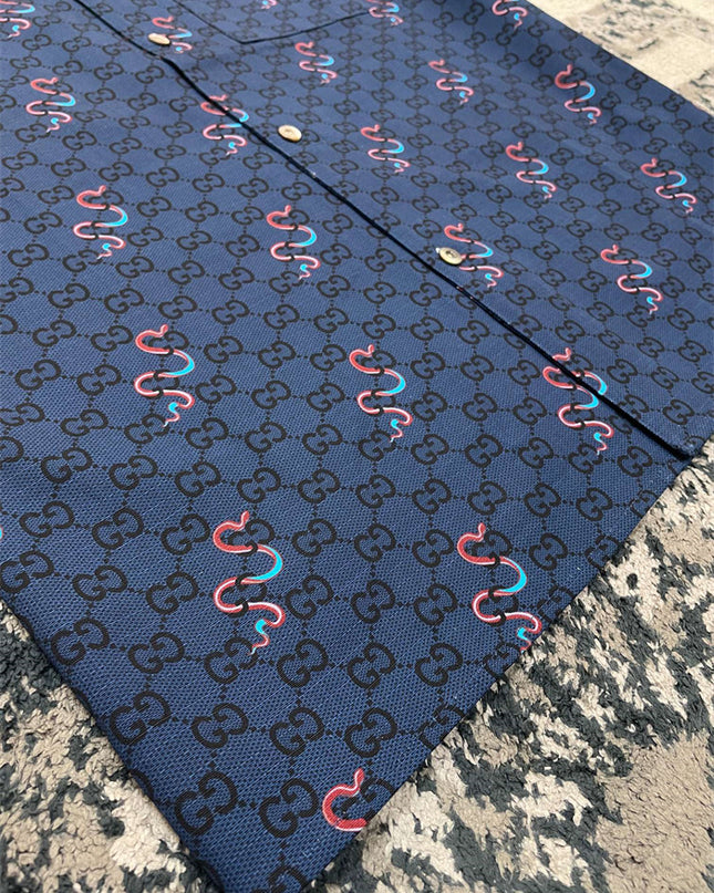 Gucci GG Supreme Silk Camp‑Collar Shirt with Snake Print