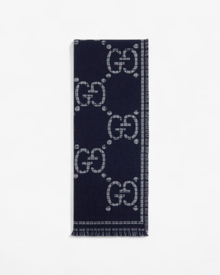 Gucci GG Wool Jacquard Scarf – Grey & Blue Check
