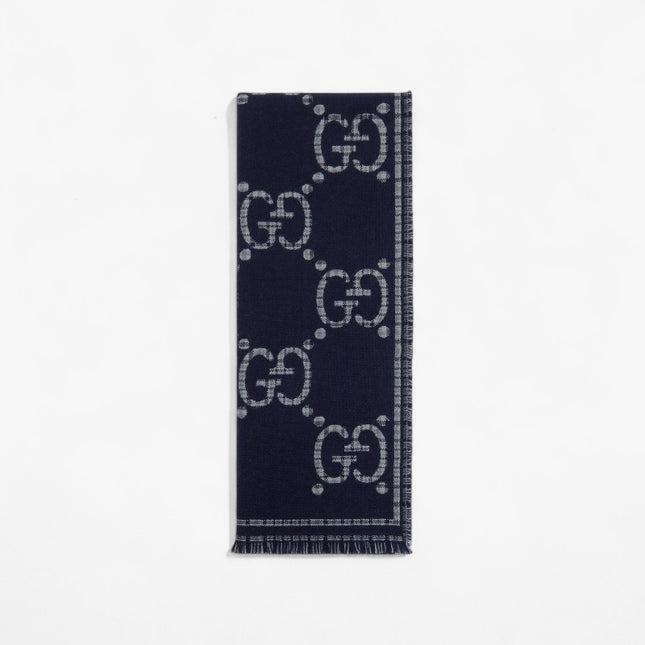Gucci GG Wool Jacquard Scarf – Grey & Blue Check