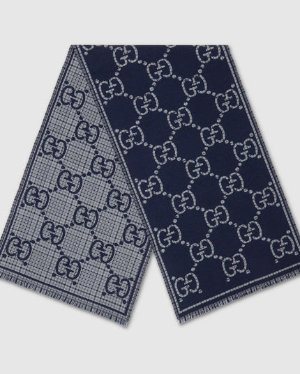 Gucci GG Wool Jacquard Scarf – Grey & Blue Check