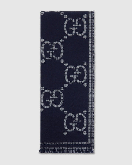 Gucci GG Wool Jacquard Scarf – Grey & Blue Check