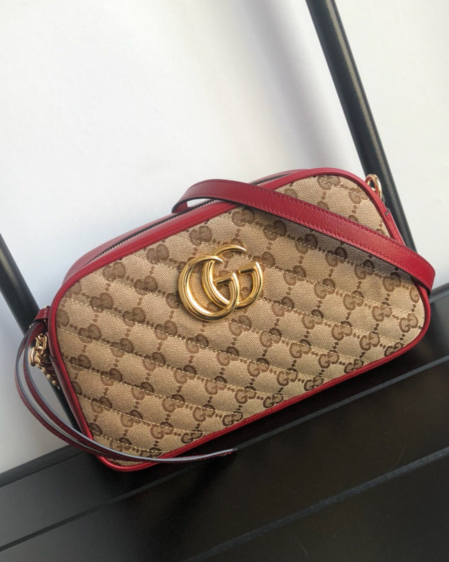 Gucci Marmont Small Shoulder Bag 447632- GG Canvas with Red Leather Trim
