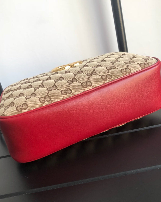 Gucci Marmont Small Shoulder Bag 447632- GG Canvas with Red Leather Trim
