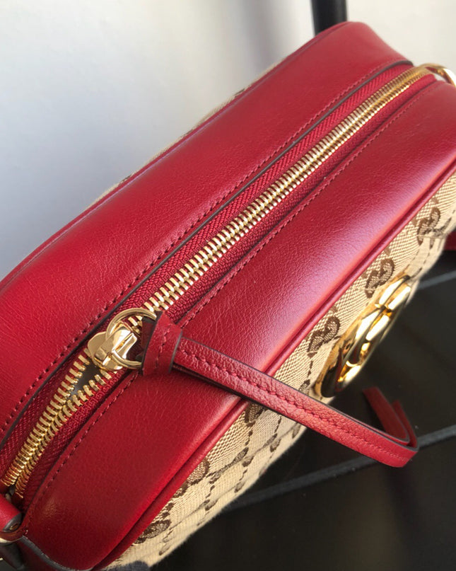 Gucci Marmont Small Shoulder Bag 447632- GG Canvas with Red Leather Trim