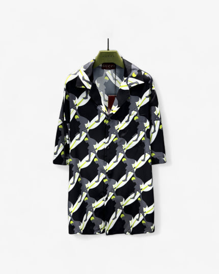 Gucci Graphic Tennis‑Player Printed Silk Camp‑Collar Shirt