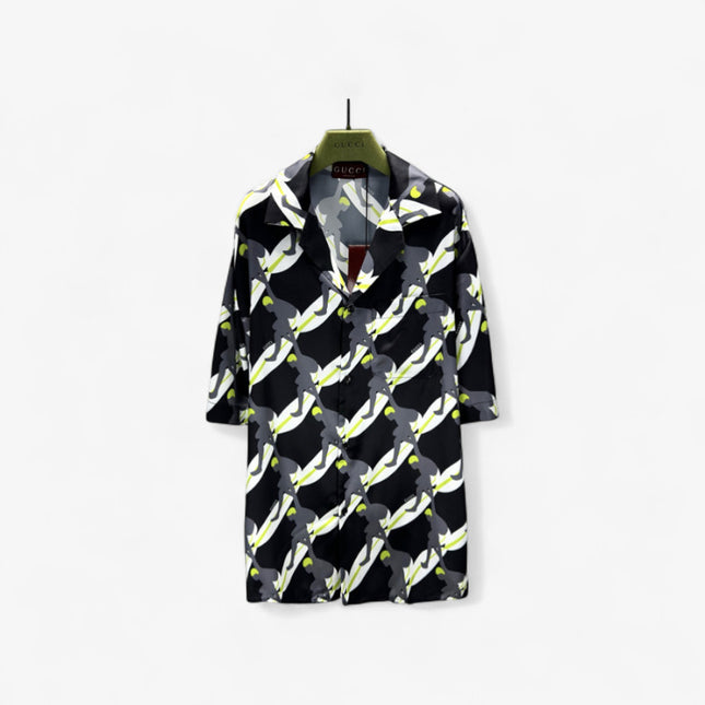 Gucci Graphic Tennis‑Player Printed Silk Camp‑Collar Shirt