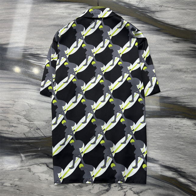 Gucci Graphic Tennis‑Player Printed Silk Camp‑Collar Shirt