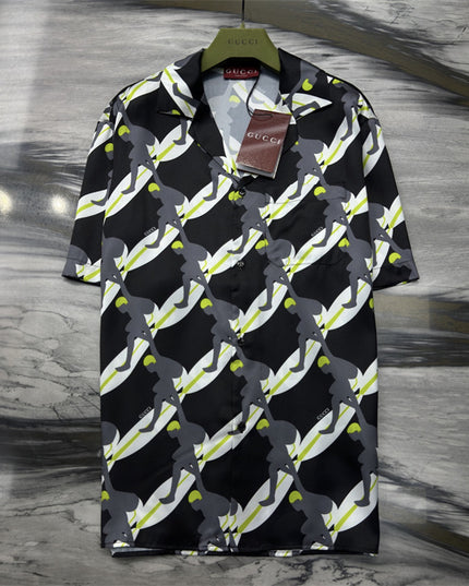 Gucci Graphic Tennis‑Player Printed Silk Camp‑Collar Shirt
