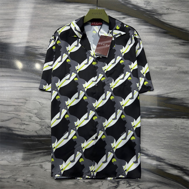 Gucci Graphic Tennis‑Player Printed Silk Camp‑Collar Shirt