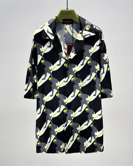 Gucci Graphic Tennis‑Player Printed Silk Camp‑Collar Shirt