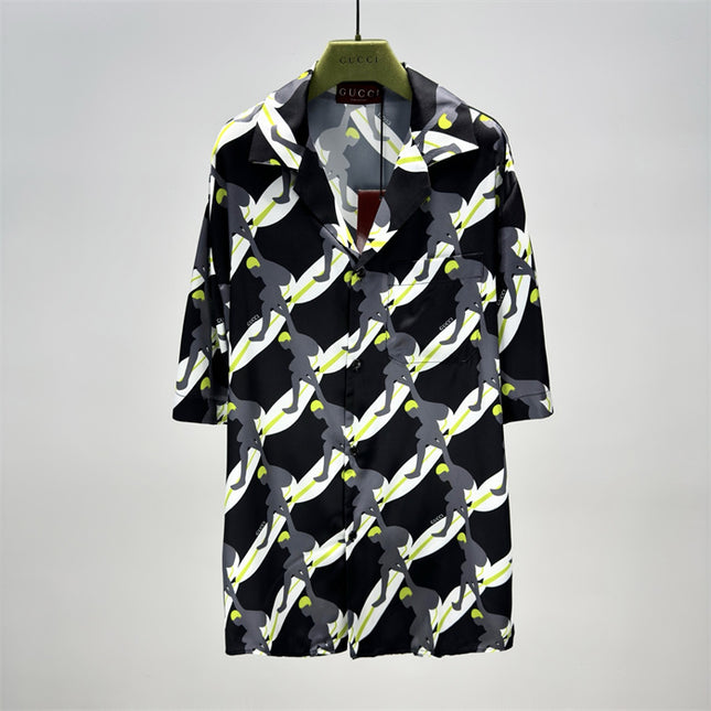Gucci Graphic Tennis‑Player Printed Silk Camp‑Collar Shirt