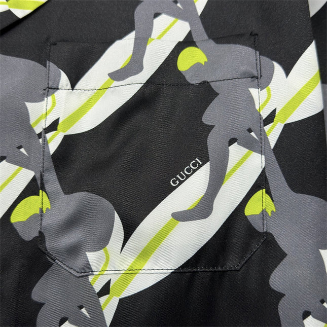 Gucci Graphic Tennis‑Player Printed Silk Camp‑Collar Shirt