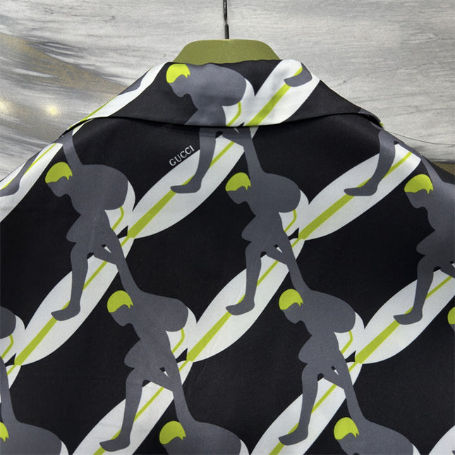 Gucci Graphic Tennis‑Player Printed Silk Camp‑Collar Shirt