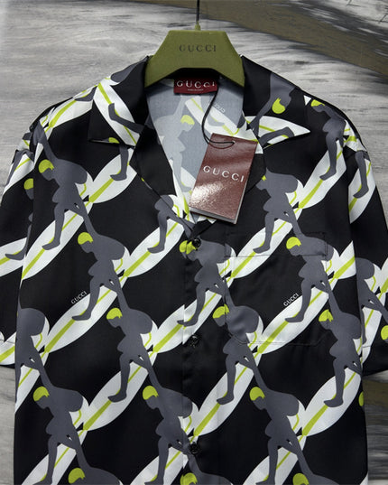 Gucci Graphic Tennis‑Player Printed Silk Camp‑Collar Shirt