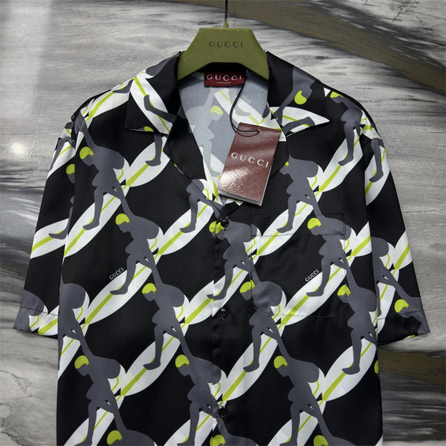 Gucci Graphic Tennis‑Player Printed Silk Camp‑Collar Shirt