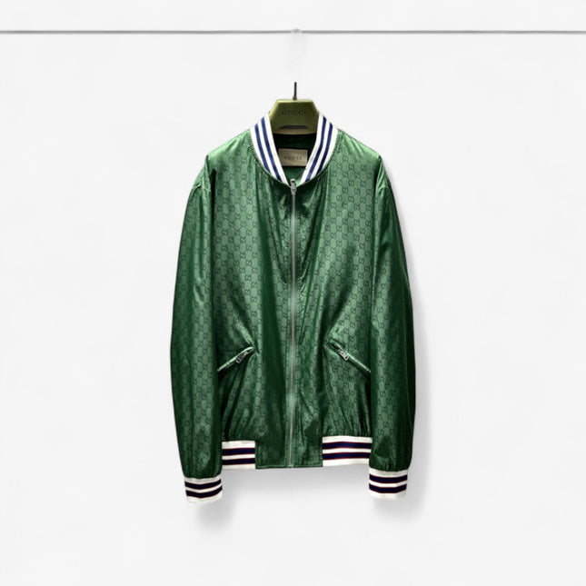 Gucci Green Satin Monogram Bomber Jacket
