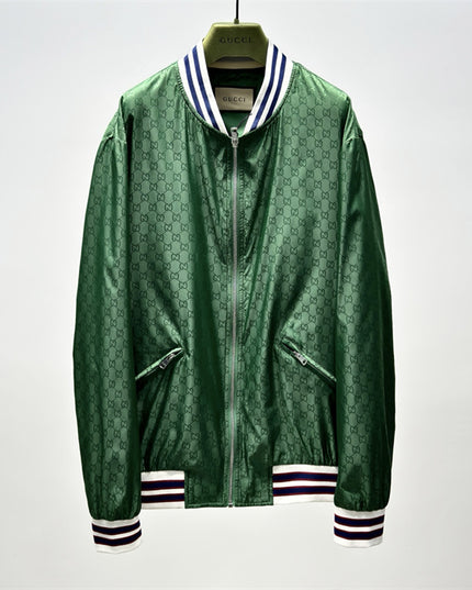 Gucci Green Satin Monogram Bomber Jacket