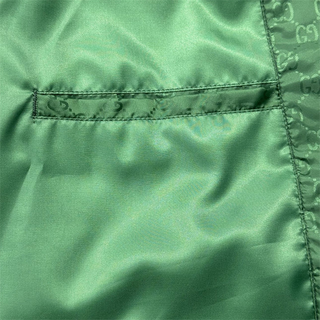 Gucci Green Satin Monogram Bomber Jacket