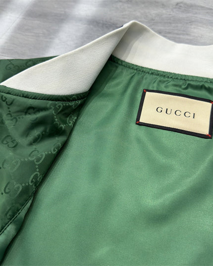 Gucci Green Satin Monogram Bomber Jacket