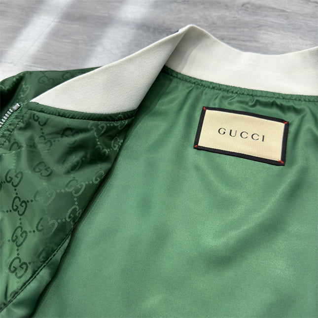 Gucci Green Satin Monogram Bomber Jacket