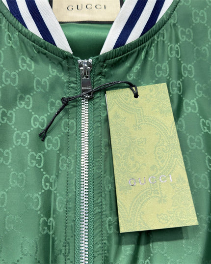 Gucci Green Satin Monogram Bomber Jacket