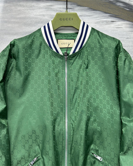 Gucci Green Satin Monogram Bomber Jacket