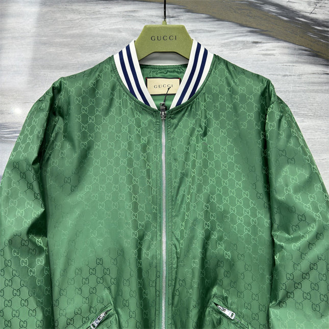 Gucci Green Satin Monogram Bomber Jacket