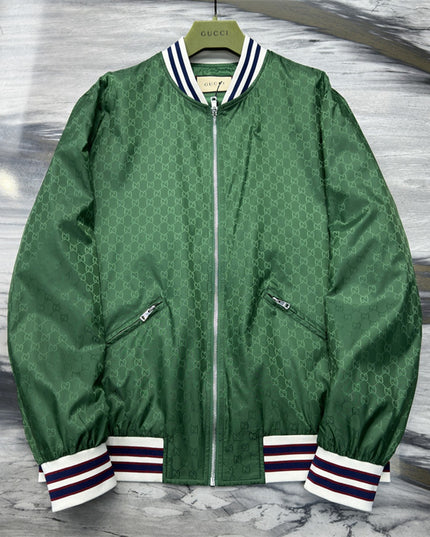 Gucci Green Satin Monogram Bomber Jacket