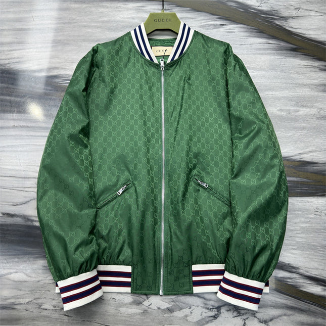 Gucci Green Satin Monogram Bomber Jacket