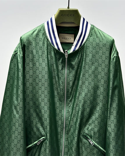 Gucci Green Satin Monogram Bomber Jacket