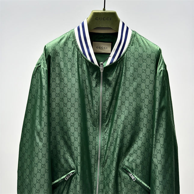 Gucci Green Satin Monogram Bomber Jacket