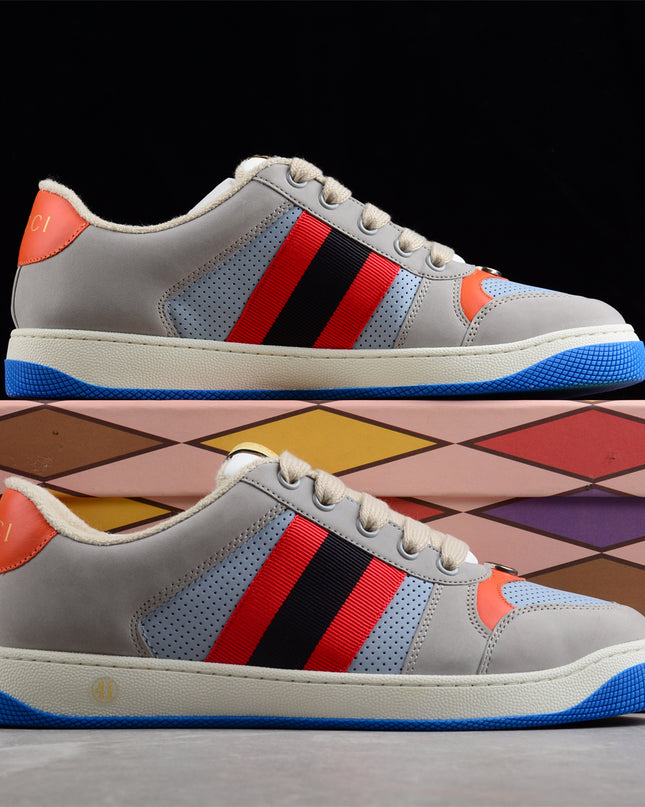 Gucci Grey-Blue Sneaker with Red-Black Web Stripe