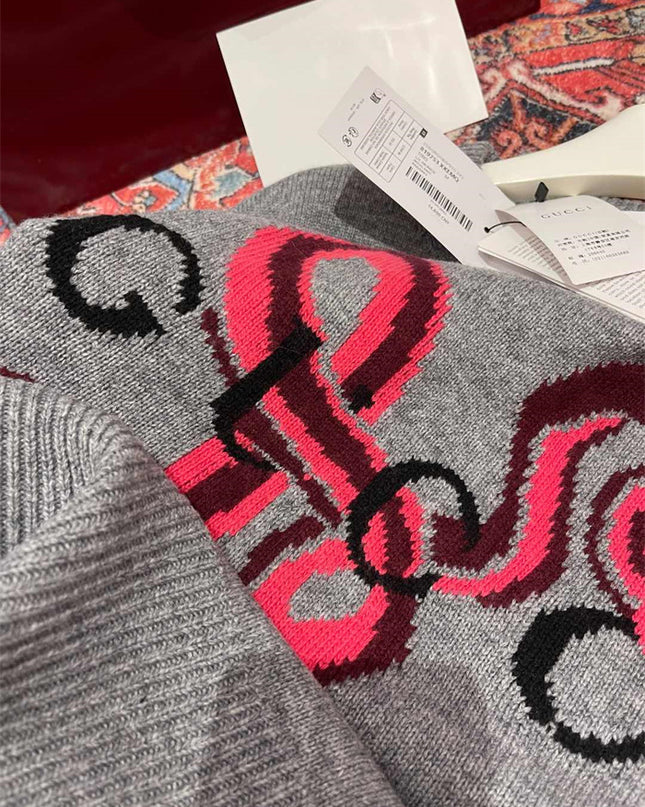 Gucci Grey Wool Sweater with Red Serpent Motif