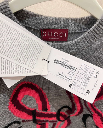 Gucci Grey Wool Sweater with Red Serpent Motif