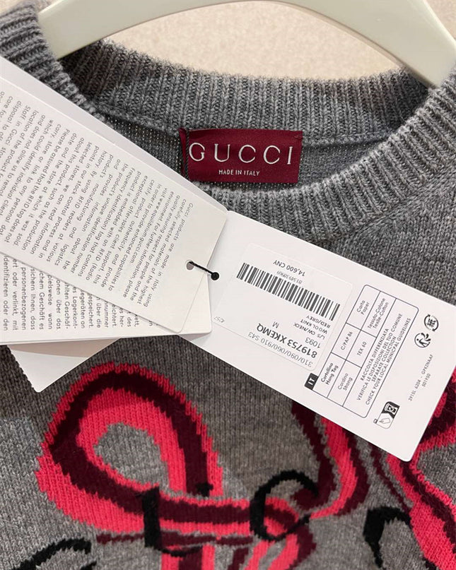 Gucci Grey Wool Sweater with Red Serpent Motif