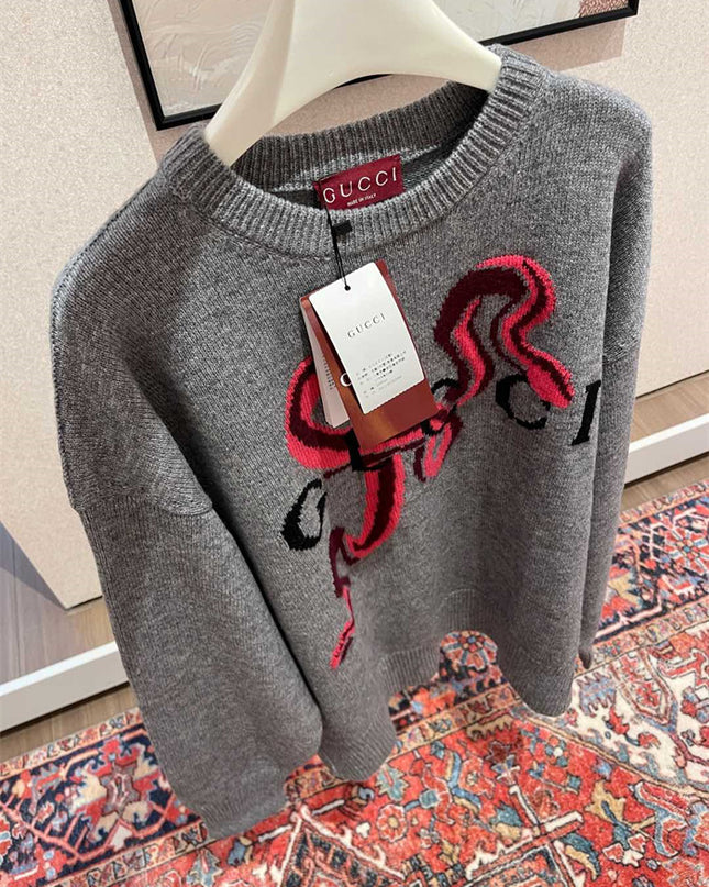 Gucci Grey Wool Sweater with Red Serpent Motif