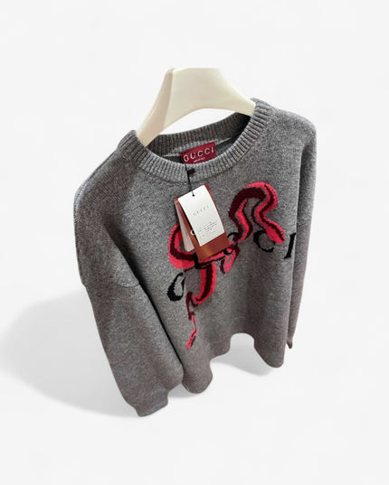 Gucci Grey Wool Sweater with Red Serpent Motif