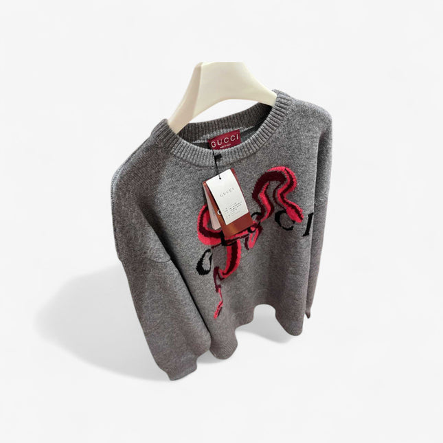Gucci Grey Wool Sweater with Red Serpent Motif