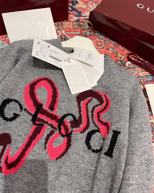 Gucci Grey Wool Sweater with Red Serpent Motif