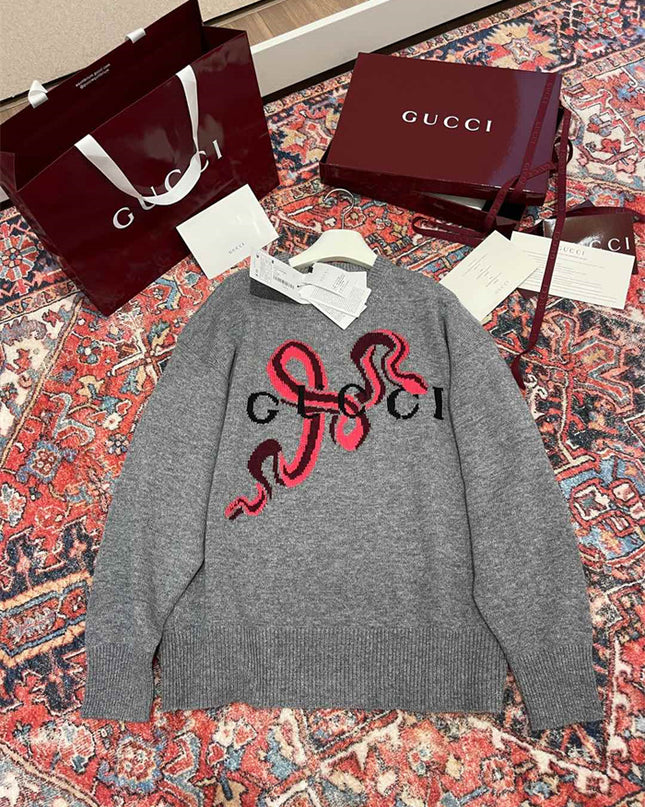 Gucci Grey Wool Sweater with Red Serpent Motif