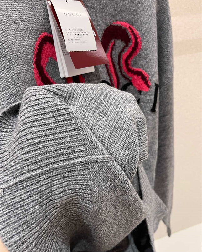 Gucci Grey Wool Sweater with Red Serpent Motif