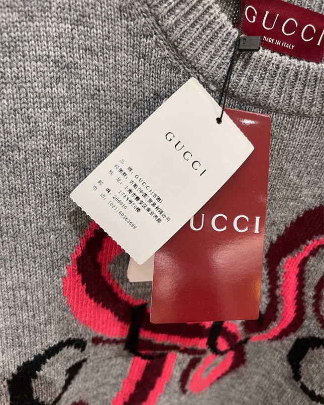 Gucci Grey Wool Sweater with Red Serpent Motif