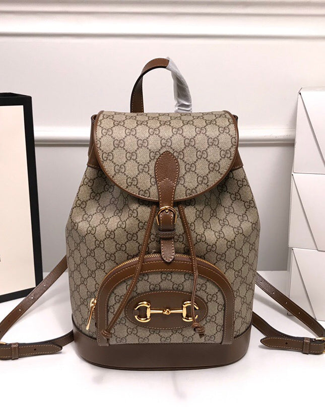 Gucci Horsebit 1955 GG Backpack – Brown Leather Trim