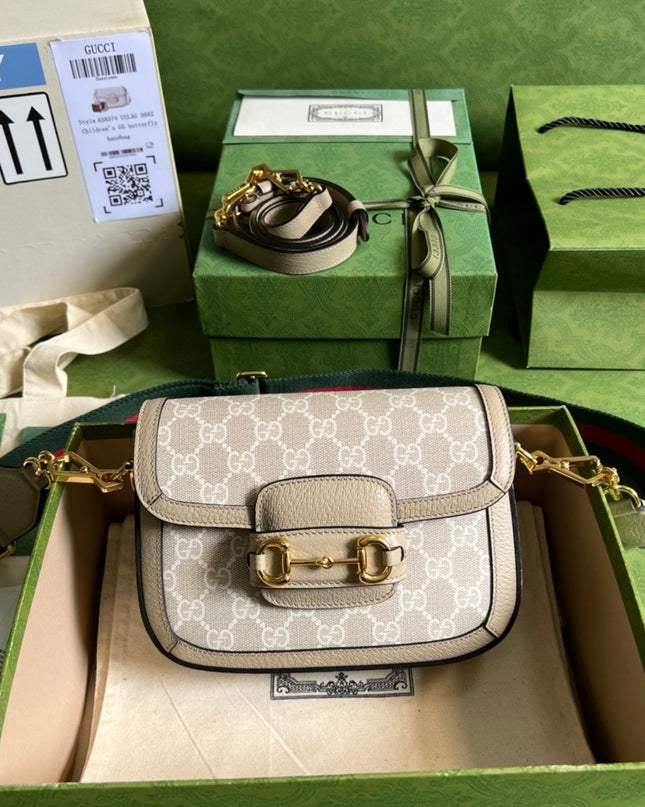 Gucci Horsebit 1955 Shoulder Bag – Ivory GG Canvas with Web Strap