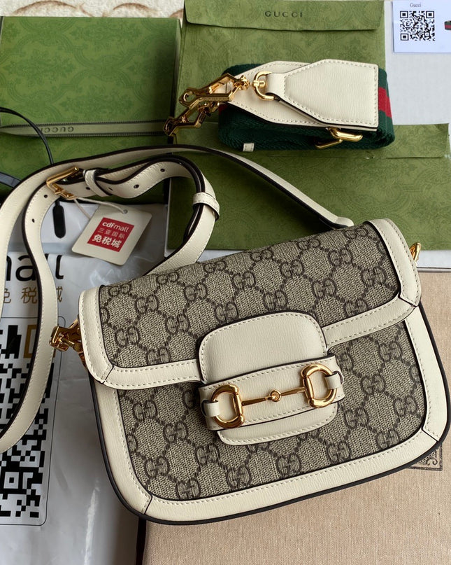 Gucci Horsebit 1955 GG Supreme Mini Shoulder Bag – White Leather Trim