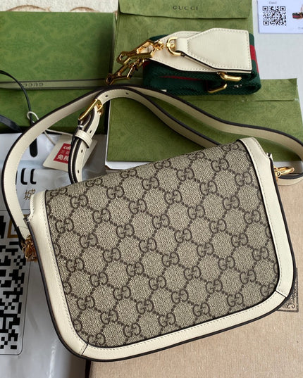 Gucci Horsebit 1955 GG Supreme Mini Shoulder Bag – White Leather Trim